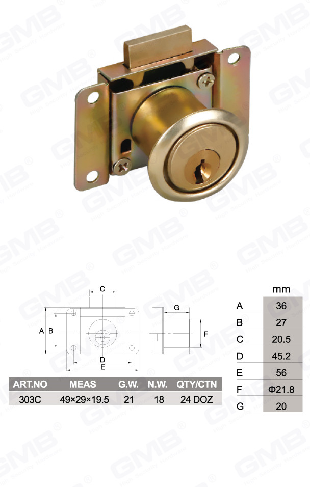 Serrure de tiroir en alliage de zinc de haute qualit&eacute;, porte d'armoire et tiroir de bureau de meubles (303C) (2)