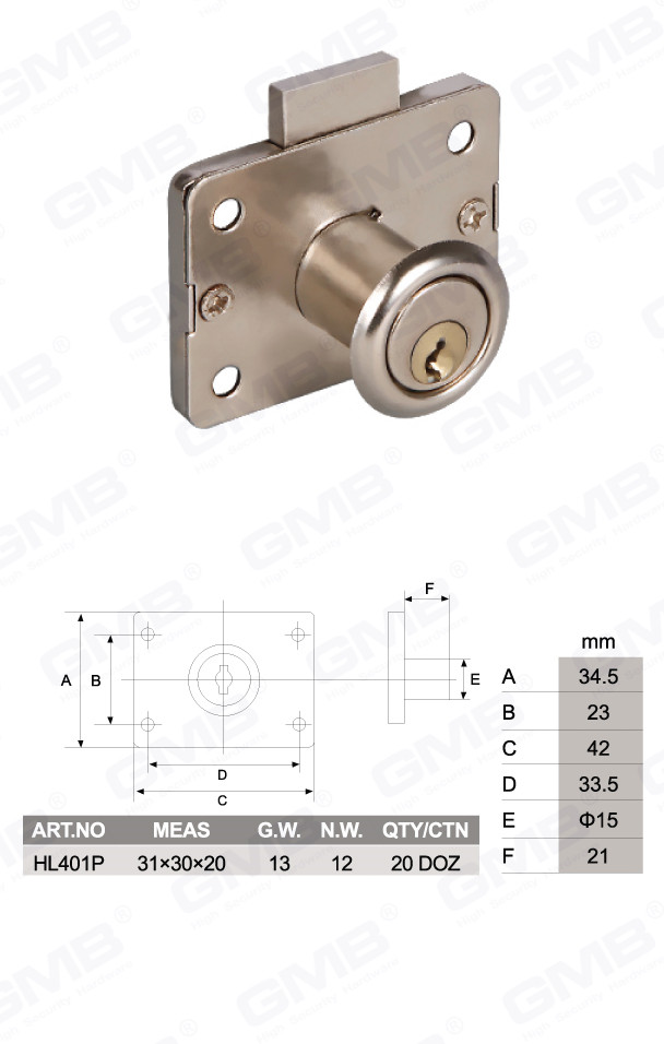 Serrure de tiroir en alliage de zinc de haute qualit&eacute;, porte d'armoire et tiroir de bureau de meubles (HL401P) (2)