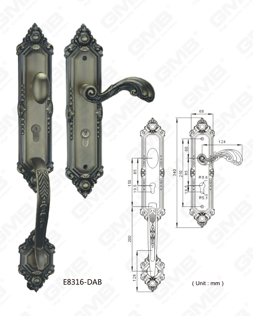 Alliage de zinc de haute sécurité à l'extérieur de la poignée de porte de villa Dim en laiton antique rainure de clavette personnalisée (E8316-DAB)