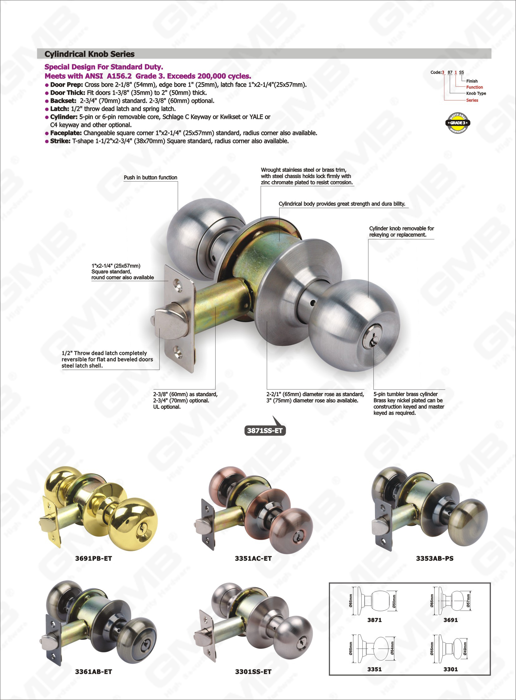 Bouton de cylindre amovible pour rekeying ou remplacement conception spéciale ANSI standard série de verrouillage cylindrique (3301SS-ET)