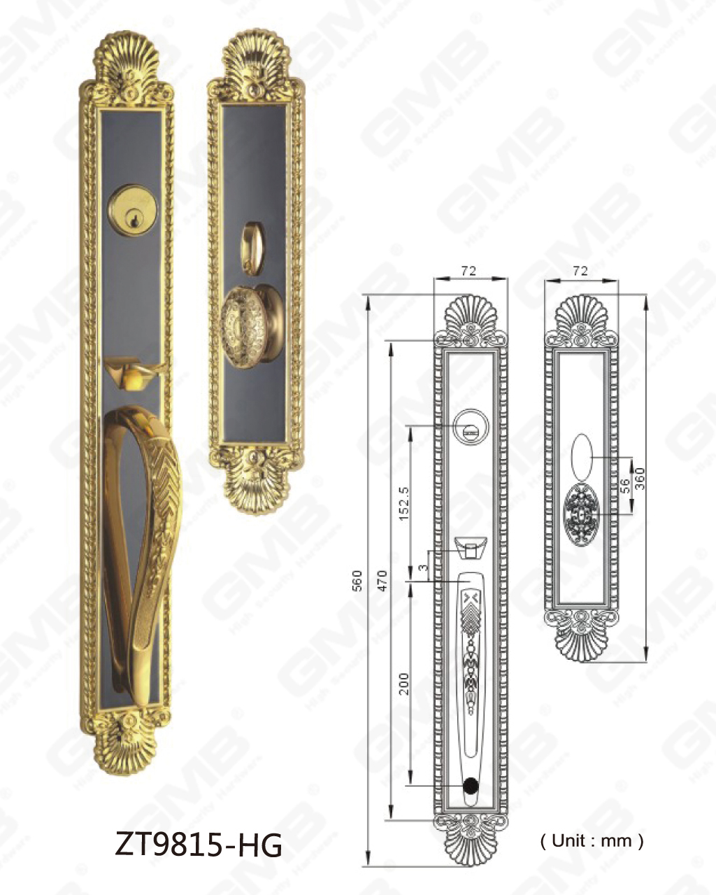 Haute sécurité en alliage de zinc à l'extérieur de la poignée de porte de la villa Épaisseur de la porte standard 38-55 mm (ZT9815-HG)