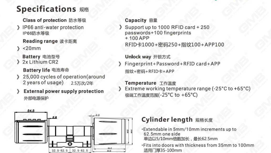 Vates multiples de haute sécurité IP66 Mot de passe d'empreinte digitale sans clé RFIDWIFI Profil modulaire réglable numérique Tuya / TT App Smart Electronic Door Lock Cylinder