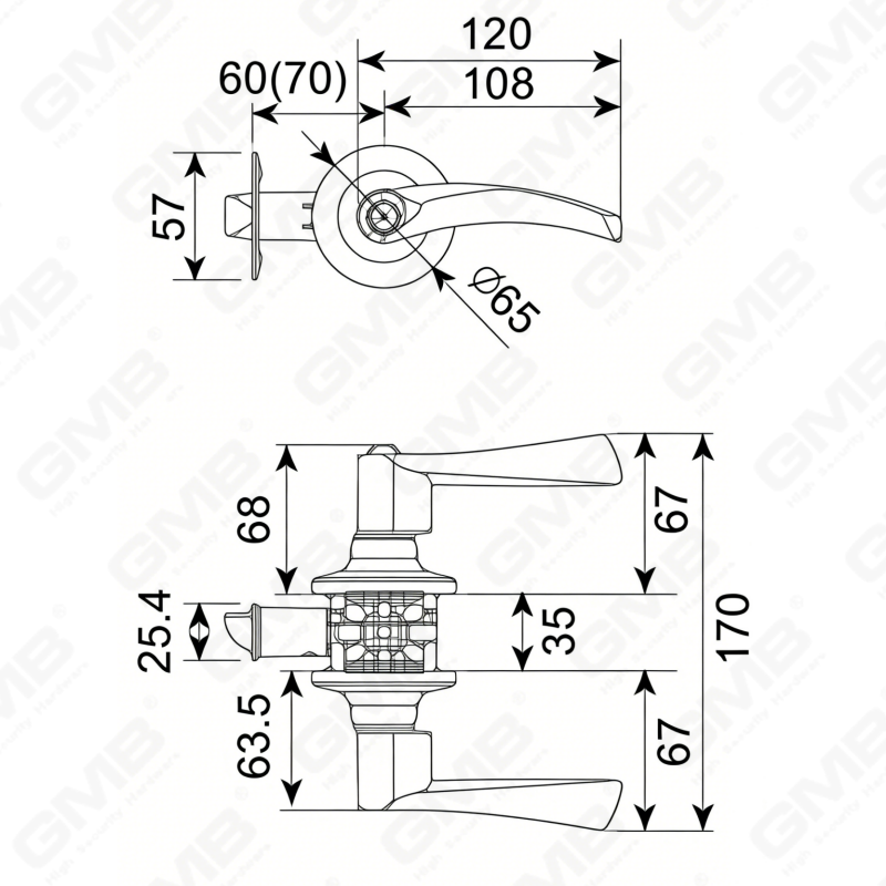 Serrure à levier à poignée cylindrique commerciale tubulaire à bouton-poussoir en alliage de zinc en alliage de zinc standard ANSI UL (8011)