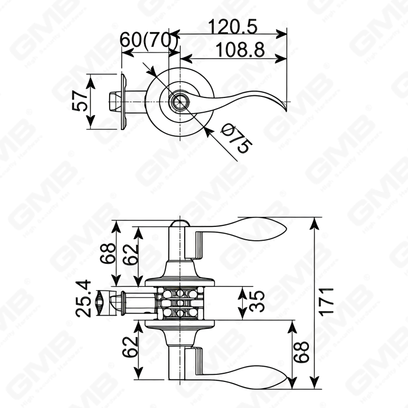 Serrure à levier à poignée cylindrique commerciale tubulaire à bouton-poussoir en alliage de zinc en alliage de zinc standard ANSI UL (8005)